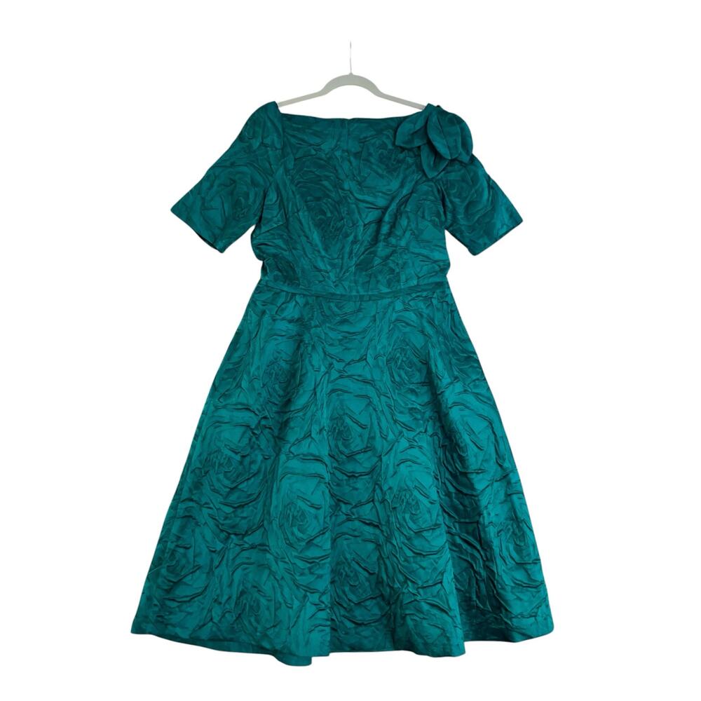 Rickie Freeman Teri Jon Jacquard Fit and Flare Midi Dress 12 Teal Bow Coquette